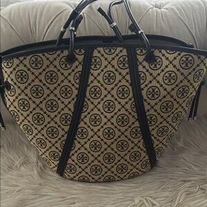 Tory Burch Black and Tan Tote Bag with Geometric Pattern